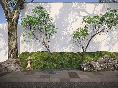 Tall Arbor Garden Landscape With Lush Green Grass Rocks Stone Paving and White Wall 3d model