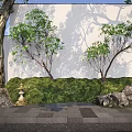 Tall Arbor Garden Landscape With Lush Green Grass Rocks Stone Paving and White Wall