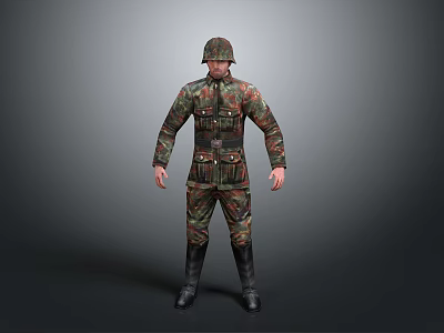Man in Camouflage Military Uniform Wearing Military Helmet Standing Against Gray Background 3d model