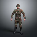 Man in Camouflage Military Uniform Wearing Military Helmet Standing Against Gray Background