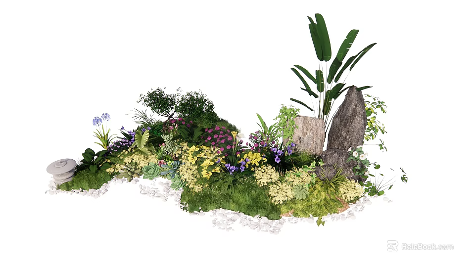 Lush Plant Combination Featuring Various Greenery Colorful Flowers and Natural Stones 3d model 