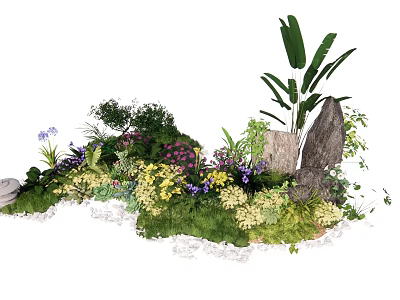 Lush Plant Combination Featuring Various Greenery Colorful Flowers and Natural Stones 3d model