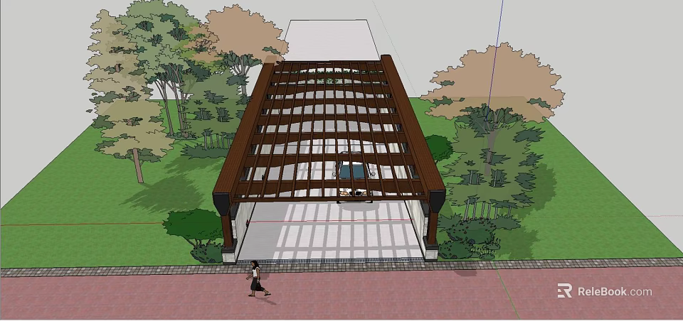 Wooden Grid Roof Open Shelter Structure With Green Trees And Pedestrian Area 3d model 