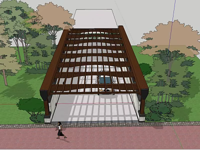 Wooden Grid Roof Open Shelter Structure With Green Trees And Pedestrian Area 3d model