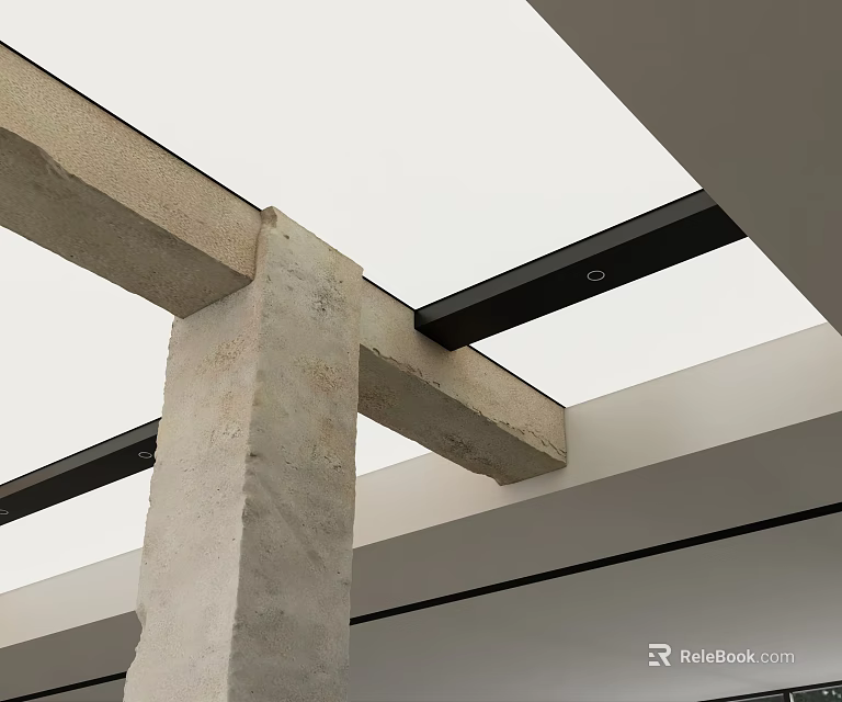 Modern Ceiling Design With Concrete Beams Black Metal Strips And White Panels 3d model 