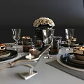 Elegant Black And Gold Dinnerware Set With Placemats Glassware Candle Holders And Flower Centerpiece