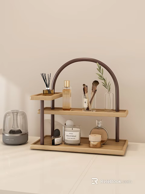 Modern Wooden Shelf With Metal Frame Holding Aromatherapy Diffuser Makeup Brushes And Candle 3d model 