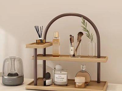 Modern Wooden Shelf With Metal Frame Holding Aromatherapy Diffuser Makeup Brushes And Candle 3d model