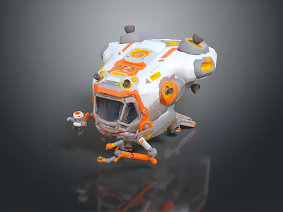 Futuristic White And Orange Small Robot With Transparent Cockpit And Mechanical Arm 3d model