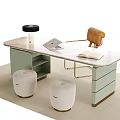 Light Green Modern Desk With Marble Top Laptop Open Book Brown Chair And White Stools