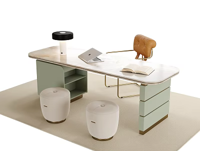 Light Green Modern Desk With Marble Top Laptop Open Book Brown Chair And White Stools 3d model