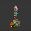 Ornate Multi Layered Tower Building With Red Flag And Palm Trees At Base