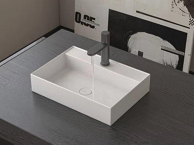 White Rectangular Bathroom Sink with Gray Faucet on Dark Wood Countertop and Decorative Posters 3d model