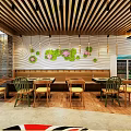 Elegant Restaurant Interior With Wooden Ceiling Hanging Lights Wall Decorations And Plants