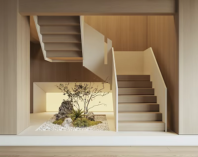 Modern Wooden Staircase With White Railing And Indoor Garden Pebbles Below 3d model