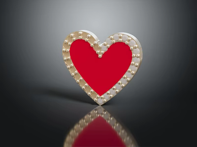 Heart Shaped Red Decorative Ornament Set With Gold Beads And Reflection On Black Surface 3d model