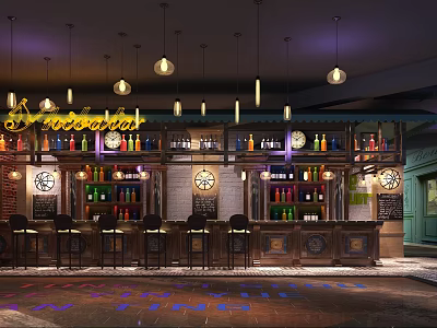 Stylish Bar Interior With Neon Sign Pendant Lights Wooden Counter And Colorful Bottle Shelves 3d model