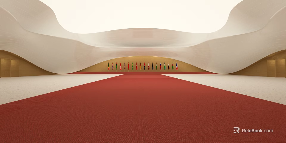Modern Conference Room Interior With Red Carpet Curved Walls And Seating 3d model 