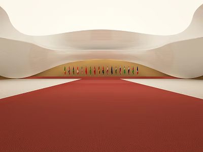 Modern Conference Room Interior With Red Carpet Curved Walls And Seating 3d model