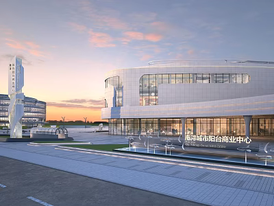 Modern Commercial Square Landscape With Glass Curtain Wall Building Fountains And Sunset Sky 3d model