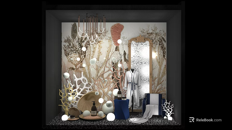 Elegant Shop Window Display Featuring Decorative Branches Coral Ornaments Chandelier Mannequin Robe And Round Lights 3d model 