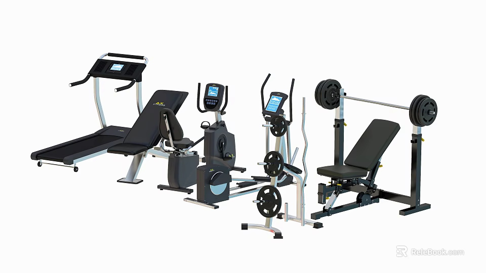 Home Gym Fitness Equipment Set Including Treadmill Exercise Bike Weight Bench And Dumbbell Rack 3d model 