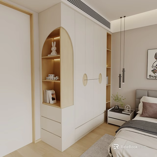 Modern White Wooden Wardrobe With Arched Design Open Shelves And Storage In Bedroom 3d model 