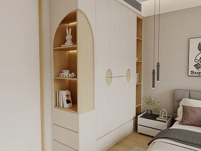 Modern White Wooden Wardrobe With Arched Design Open Shelves And Storage In Bedroom 3d model