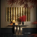Golden Folding Screen Wall Decor With Landscape Pattern And Red Flowers On Dark Background 3d model