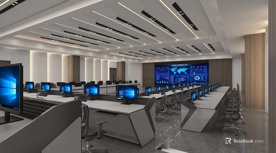 Modern Command Center Interior With Rows Of Computer Monitors And Large Data Display Screen 3d model 