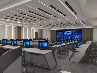 Modern Command Center Interior With Rows Of Computer Monitors And Large Data Display Screen 3d model