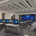 Modern Command Center Interior With Rows Of Computer Monitors And Large Data Display Screen 3d model