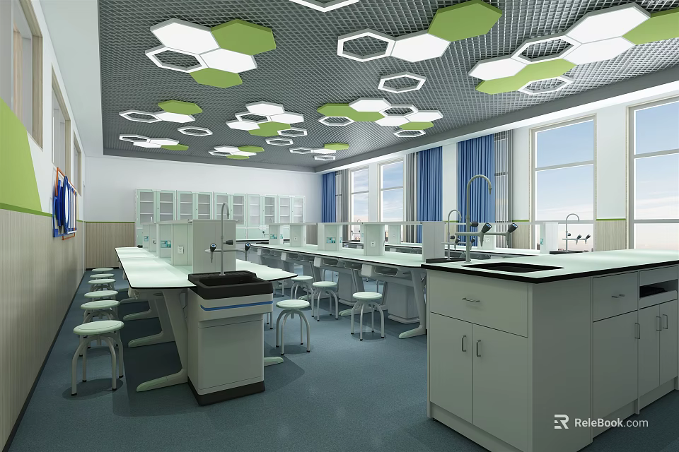 School Science Laboratory with Lab Tables Storage Cabinets Hexagon Lights and Windows 3d model