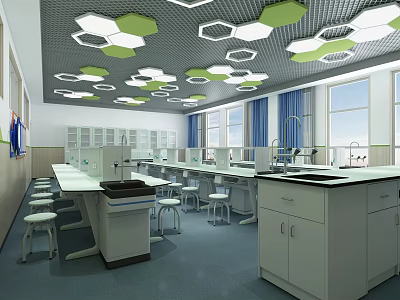School Science Laboratory with Lab Tables Storage Cabinets Hexagon Lights and Windows 3d model