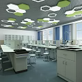 School Science Laboratory with Lab Tables Storage Cabinets Hexagon Lights and Windows 3d model
