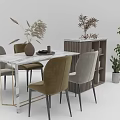 Elegant Modern Dining Table Set With Marble Tabletop Chairs Side Cabinet And Decorative Plants 3d model