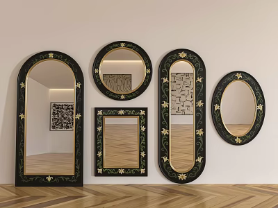 Decorative Mirrors Various Shapes With Black Frames Gold Floral Patterns On White Wall Wooden Floor 3d model