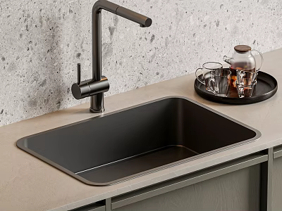 Modern Black Kitchen Sink With Matte Faucet On Beige Countertop And Grey Stone Backsplash 3d model