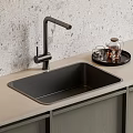Modern Black Kitchen Sink With Matte Faucet On Beige Countertop And Grey Stone Backsplash