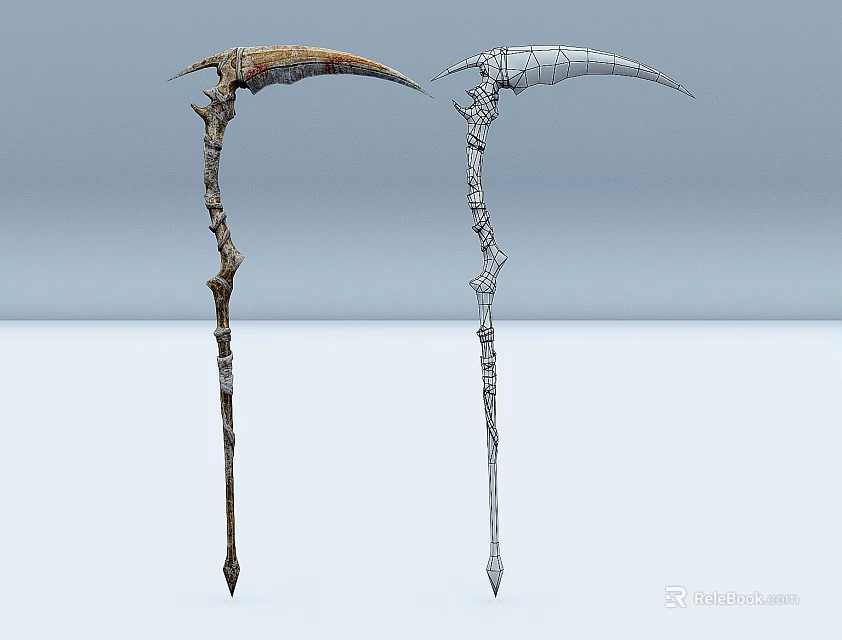 Two Detailed Scythe Weapons With Ancient Rusted And Bone Structure Designs 3d model 
