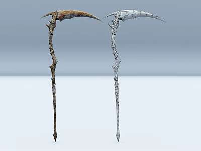 Two Detailed Scythe Weapons With Ancient Rusted And Bone Structure Designs 3d model