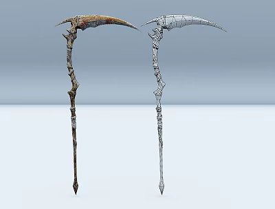 Two Detailed Scythe Weapons With Ancient Rusted And Bone Structure Designs 3d model