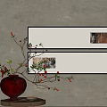 Gray Wall Interior With Black Framed Artworks Red Vase And Berry Branches