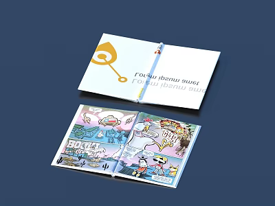 Open Book Magazine With Yellow Eye Icon And Colorful Illustrations Inside 3d model