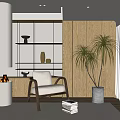 Accent Chair In Modern Room With Wooden Wall Fireplace Shelving Decor And Tall Green Plant