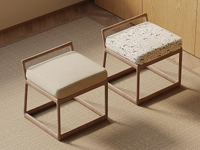 Two Modern Wooden Stools With Armrests Beige And Marble Patterned Cushions 3d model