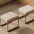 Two Modern Wooden Stools With Armrests Beige And Marble Patterned Cushions