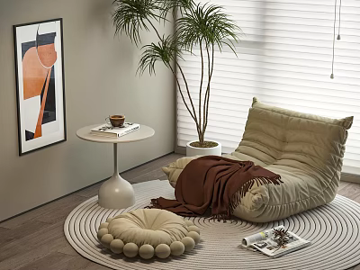 Beige Bean Bag Chair with Brown Blanket on Round Woven Rug and Potted Plant 3d model