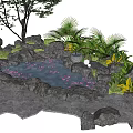 Beautiful Garden Ornament with Small Pond Pink Flowers Rocks and Lush Green Plants