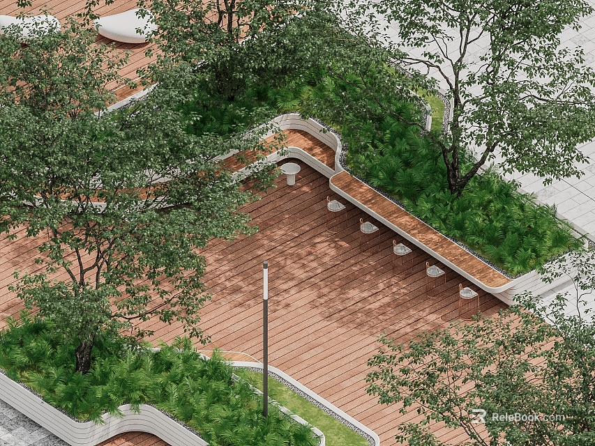 Contemporary Tree Pit Design With Wooden Platform Benches Lush Plants And Tall Trees 3d model 